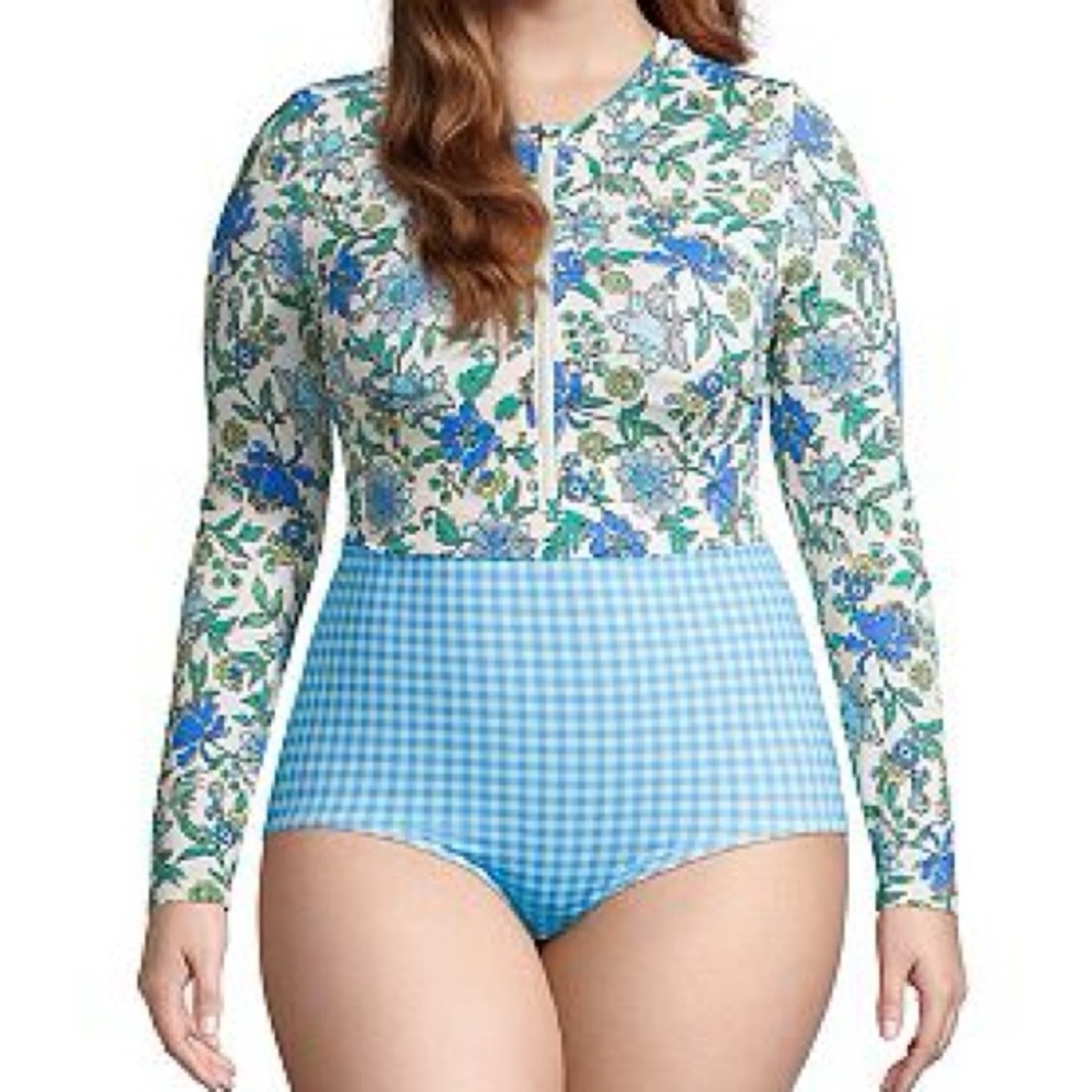 Lands End Sz 10 Zip Front Long Sleeve Tugless Sporty One Piece Swimsuit UPF 50